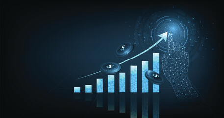 Aufkleber - Concept of growth business on successful with graph icon up digital on dark blue background. growing graph icon from triangle line particle design low poly.	