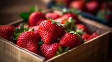 Lots Of Baskets With Fresh Ripe Strawberries For Sale At Farmers Market Closeup. Generative AI.