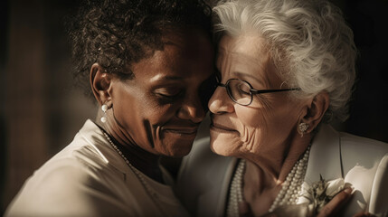 Wall Mural - Old women lesbian couple. marrage Black and Caucasian female bride in love. LGBT pride month celebration generative ai