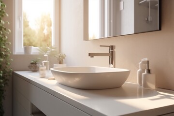 bathroom design interior house window counter sink modern faucet luxury sunlight. Generative AI.