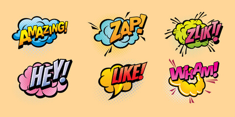 Comic speech bubble with expression text Wow! Vector , stars and clouds. Vector bright dynamic cartoon illustration in retro pop art style background