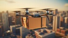 Delivery Drone In Warehouse. Futuristic Technologies Of The Future. Generative AI