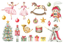 Watercolor Christmas Illustration – Nutcracker: Ballerina, Soldier, Rocking Horse, Christmas Tree, Gifts, Mouse King, Christmas Toys, Retro Toys, Star, Musical Trumpet, Drum.