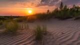 Fototapeta Perspektywa 3d - Sun rising over ocean sand hills. Generative ai composite.