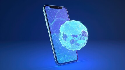 Poster - Abstract phone with planet earth. Low-poly style. Abstract neon frame style. Generative AI