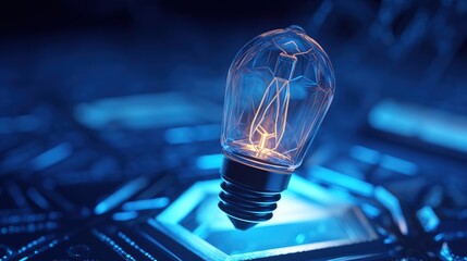 Leinwandbilder - Abstract blue glowing light bulb. Low-poly style. Abstract neon frame style. Generative AI