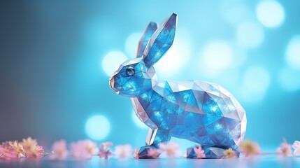 Fototapete - Abstract blue rabbit with easter egg and spring flowers.