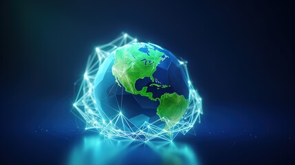 Aufkleber - Abstract blue planet Earth with green plant sprout over it.Low-poly style. Abstract neon frame style. Generative AI