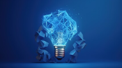 Fototapete - Abstract blue glowing light bulb. Low-poly style. Abstract neon frame style. Generative AI