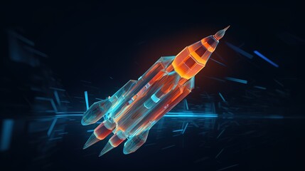 Fototapete - Abstract rocket launch and graph growing up.Low-poly style. Abstract neon frame style. Generative AI