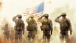 Silouethes of American soldiers saluting their flag. Veterans day concept. AI generative.