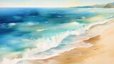 Fototapeta Natura - Summer background in watercolor style sea wave and sand beach. AI generative.
