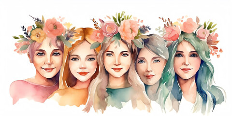 Happy women group for Mother's Day, watercolor style illustration. Generative AI.