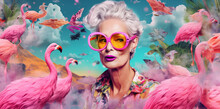 Beautiful Old Juvenile Woman With A Peculiar Fashion Style And White Hairstyle On A Surreal Dreamlike Collage, Pink Pastel Candy Colors Andpink Flamingoes, Generative Ai Illustration