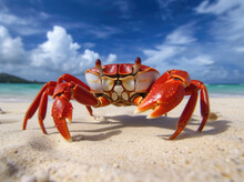 The Big Red Crab Sitting On The Sand On The Ocean Shore