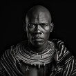 © JoelMasson - Black and white photorealistic studio portrait of a Maasai Warrior on black background. Generative AI illustration