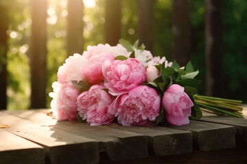 Canvas Print - Romantic bouquet of peonies in the garden on a wooden table in the sunlight. AI generated