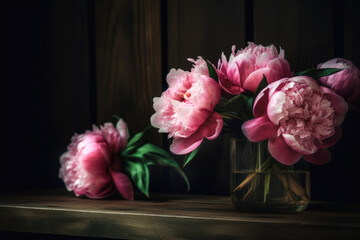 Sticker - Romantic bouquet of pink peonies on a wooden table in a rustic interior. AI generated