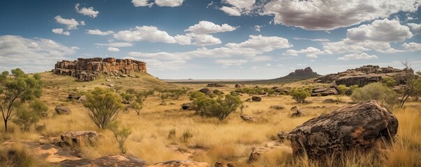 Wall Mural - Panoramic view of the desert like landscape in Australia, generative ai field banner