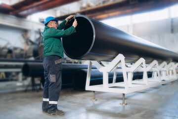 The process of measuring the thickness of a pipe using a caliper with a digital scale. In the background, the details of the manufacturing process are blurred. Quality control