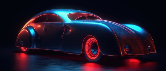 Wall Mural - futuristic retro sport car driving speedily with light reflections in the dark