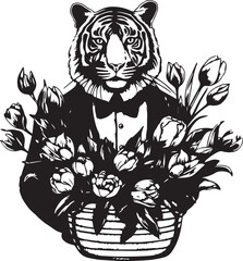 Wall Mural - Tiger in a business suit with flowers tulips vector illustration, SVG