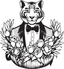 Tiger in a business suit with flowers tulips vector illustration, SVG