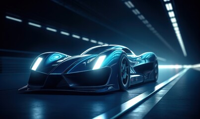 Wall Mural - futuristic sport car driving speedily with light reflections in the dark