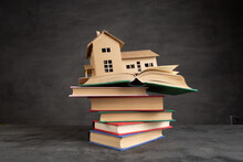 House Model, Gavel And Books On The Desk, Real Property Law Concept, Real Estate Auction