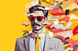 A man wearing sunglasses and a suit with a yellow background magazine collage style Generative AI