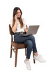 Woman talking on the phone, full body shot sitting woman talking on the phone. Businesswoman using laptop and chatting with client. Isolated transparent, png, copy space. Communication concept idea.