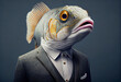 Portrait of a Fish dressed in a business suit in a studio photo. Generative AI. 