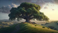 Illustration Of A Great Oak Tree On A Hill. Generative AI.
