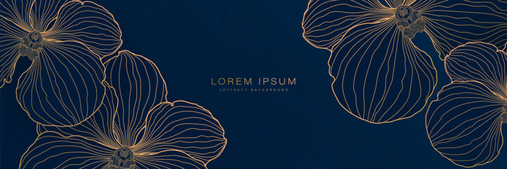 abstract luxury gold orchid lines on dark blue background. golden orchid floral line art design. han
