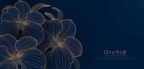Wall Mural - dark blue abstract background with overlay orchid flower and shadow. elegant golden orchid floral li