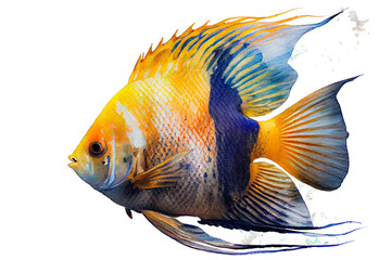 Sticker - Beautiful aquarium fish angelfish. Watercolor drawing on a white background. Generative AI.