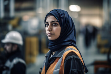 Canvas Print - Portrait of arab muslim woman, factory worker, AI generated Generative AI