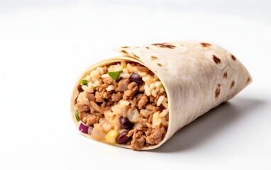 Burito Food on white background with copy space for text.  Mock up food generative ai