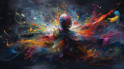 Wall Mural - Colorful Connections: Abstract Humanoid Figures Generated by AI Technology, Forming a Vibrant and Dynamic Network of Interconnected Shapes and Colors of humans and human beings. Generative AI, KI.