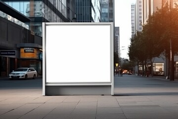 Sticker - A mockup of a blank billboard standing on the sidewalk in a city setting, ready to display your advertising