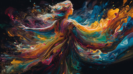 Wall Mural - Colorful Connections: Abstract Humanoid Figures Generated by AI Technology, Forming a Vibrant and Dynamic Network of Interconnected Shapes and Colors of humans and human beings. Generative AI, KI.