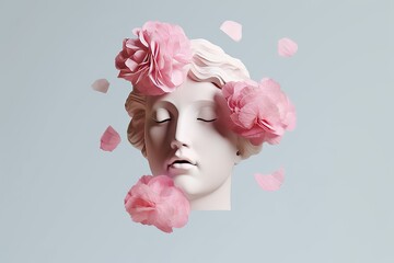 3D rendering, woman head isolated, minimal fashion background, sculpture head, flowers on head, pink pastel colors
