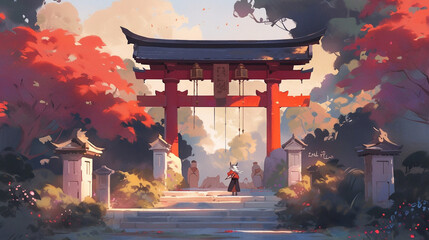 Wall Mural - Anime background of red japanese temple gate, generative AI