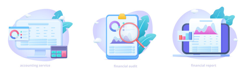 accounting service, financial audit, financial report, save money, banking vector illustration colle