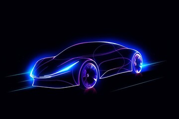 Wall Mural - 3D render of a futuristic concept car with a neon glowing silhouette. The image can be used as a template for banners, wallpapers, marketing, and advertising