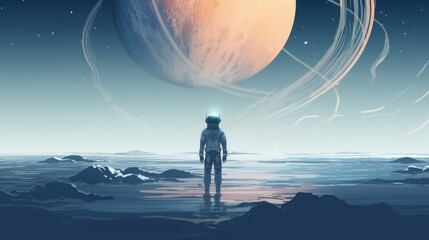 Wall Mural - An astronaut is depicted standing in a peculiar sea while gazing up at a planet in the sky. The artwork is created using a digital art style