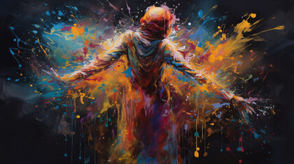 Wall Mural - Colorful Connections: Abstract Humanoid Figures Generated by AI Technology, Forming a Vibrant and Dynamic Network of Interconnected Shapes and Colors of humans and human beings. Generative AI, KI.