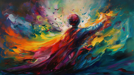 Wall Mural - Colorful Connections: Abstract Humanoid Figures Generated by AI Technology, Forming a Vibrant and Dynamic Network of Interconnected Shapes and Colors of humans and human beings. Generative AI, KI.