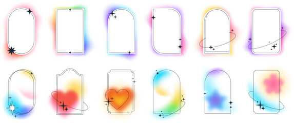 Poster - Trendy minimalist aesthetic linear arc frames with blur gradient elements and sparkles. Geometric forms Illuminated with abstract soft pastel gradients, white glowing arch frame with stars vector set