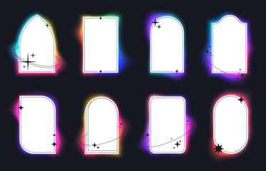 Poster - Modern minimalist white arc frames with holographic neon glow. Simple linear frame with stars and vivid gradients, illuminated arch forms with glowing rainbow effect on black background vector set